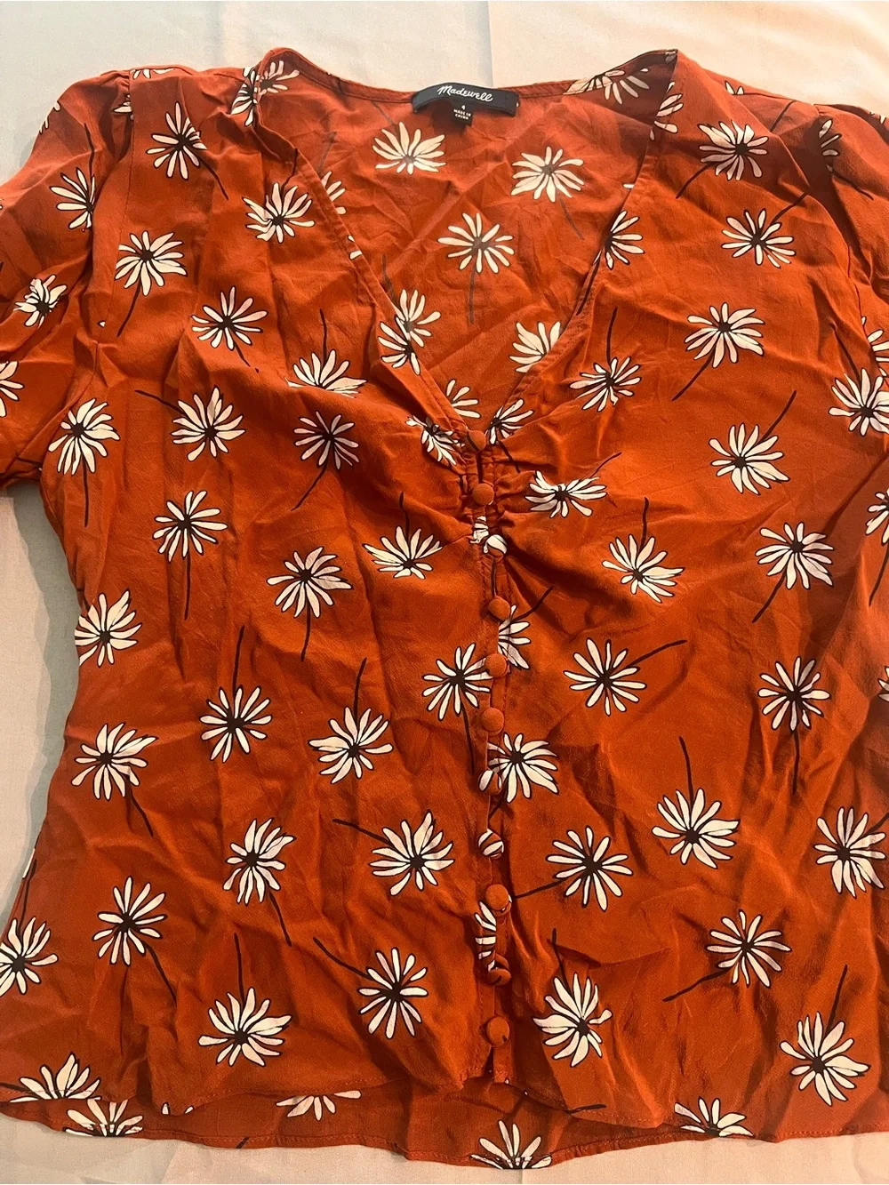 Madewell Silk Rust Floral Blouse Size 4 Button Up Top